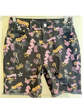 NOBO Distressed Graphic Jean Shorts - Black Pink Yellow Women’s Size 5